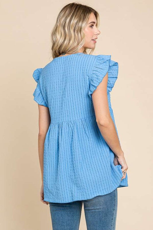 Blue V Neck Ruffle Sleeve Top - Plus