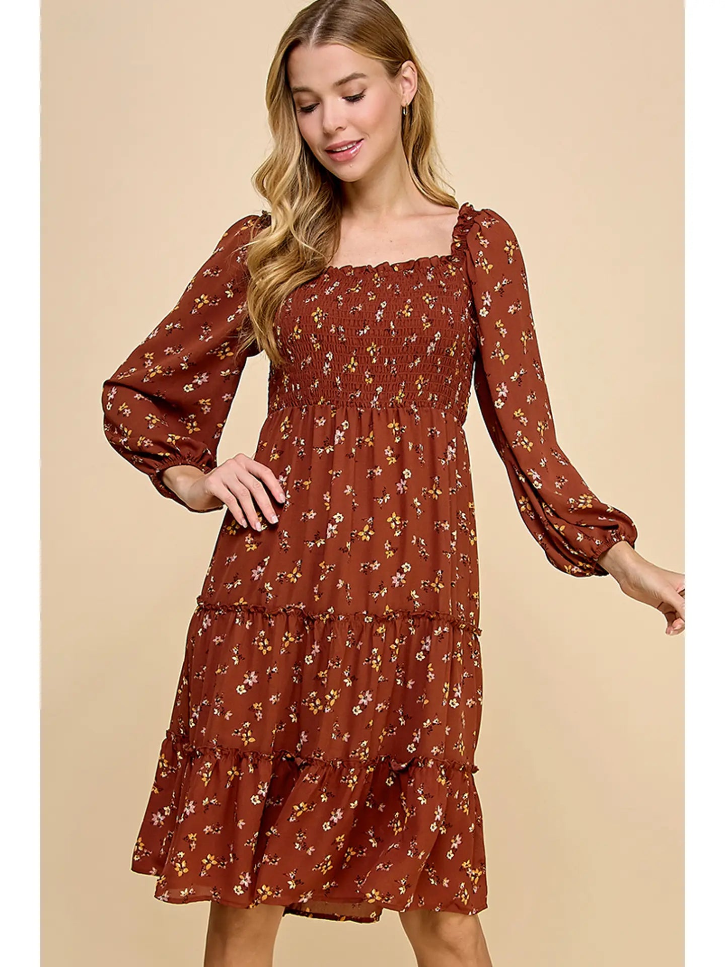 Tiered Burgundy Floral Dress