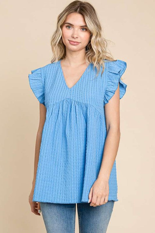 Blue V Neck Ruffle Sleeve Top - Plus