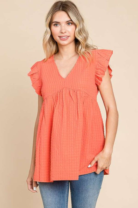 Peach V Neck Ruffle Sleeve Top