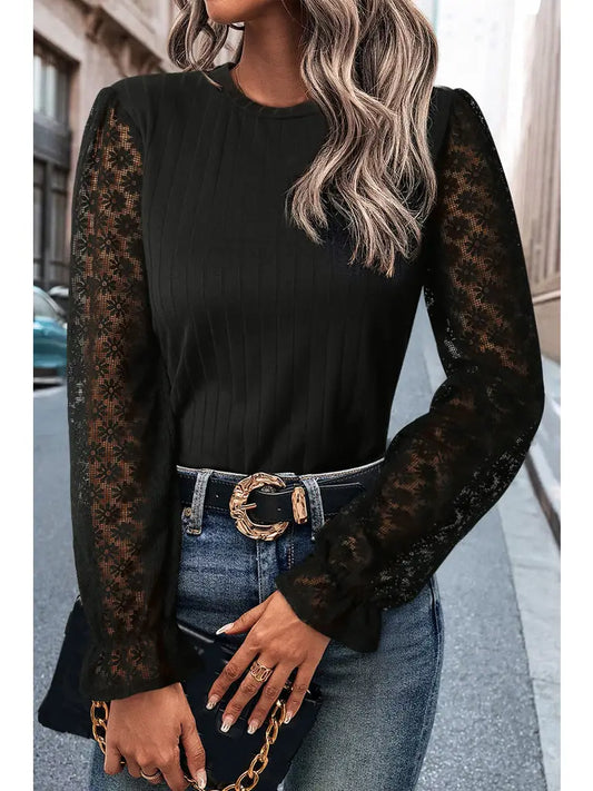 Black Floral Lace Sleeve Ribbed Top