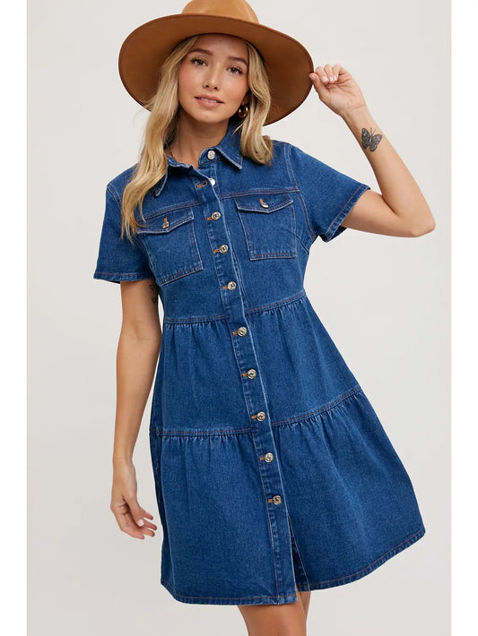 Denim Tiered Button Front Dress