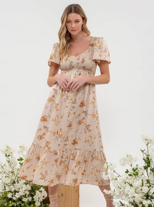 Neutral Floral Midi Dress